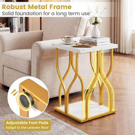 White Faux Marble Bedside Table with Gold Metal Frame