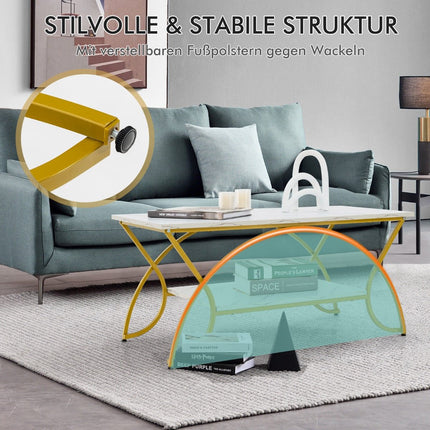 White Faux Marble Coffee Table, 2-Tier, Gold Legs, 100x50x45 cm