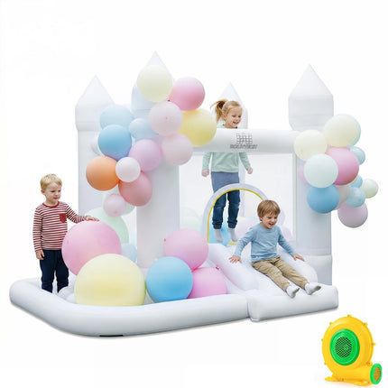 White Inflatable Bouncy Castle with Blower & Balloons