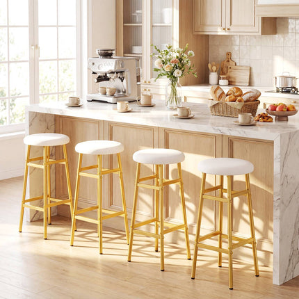 White Linen Bar Stools with Footrest, Set of 2