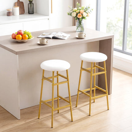 White Linen Bar Stools with Footrest, Set of 2