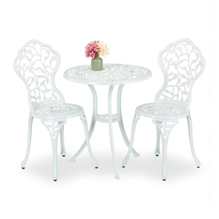Kovový bistro set – stůl a 2 židle, vzor listů, bílý