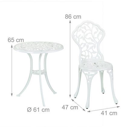 Kovový bistro set – stůl a 2 židle, vzor listů, bílý
