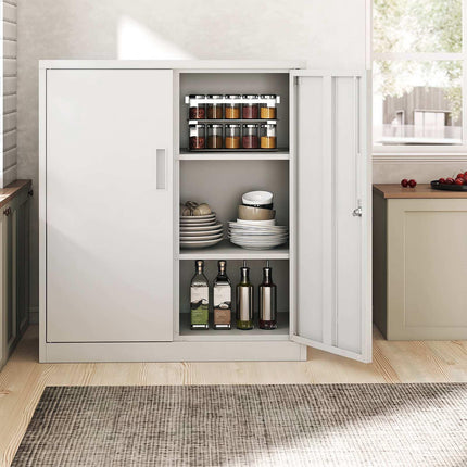 White Metal Filing Cabinet, Lockable, Adjustable Shelves