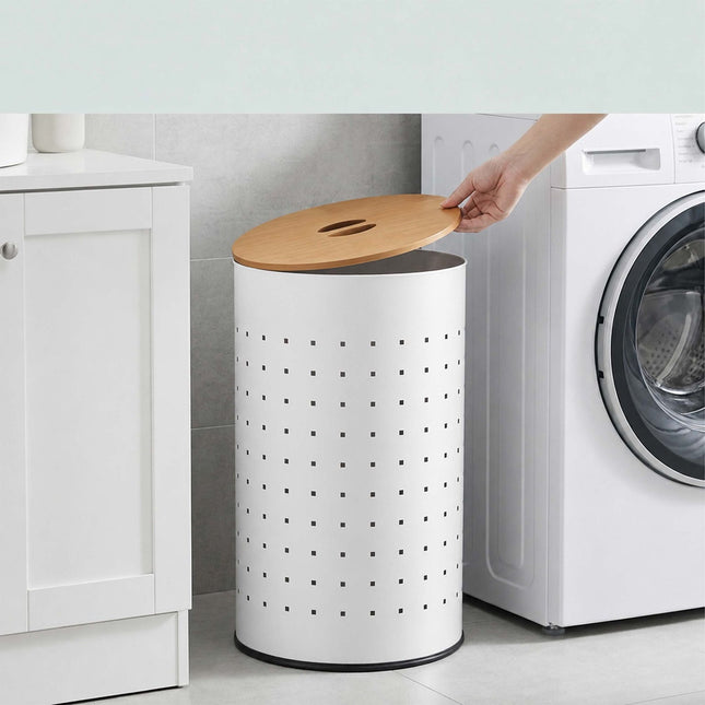 Kovový koš na prádlo s dřevěným víkem, objem 50L, bílý