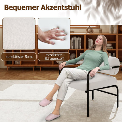 Moderní relaxační křeslo s područkami, sametové čalounění, bílé