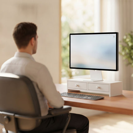 White Monitor Riser with 2 Drawers, MDF Material