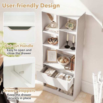 White Tall Bookshelf with Drawer and 7 Open Cubes
