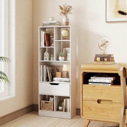 White Tall Bookshelf with Drawer and 7 Open Cubes