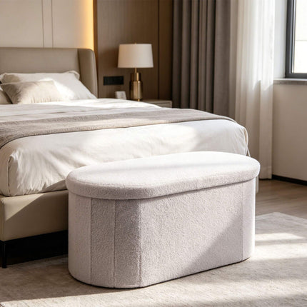 White Teddy Fabric Storage Bench – Upholstered Oval Seat
