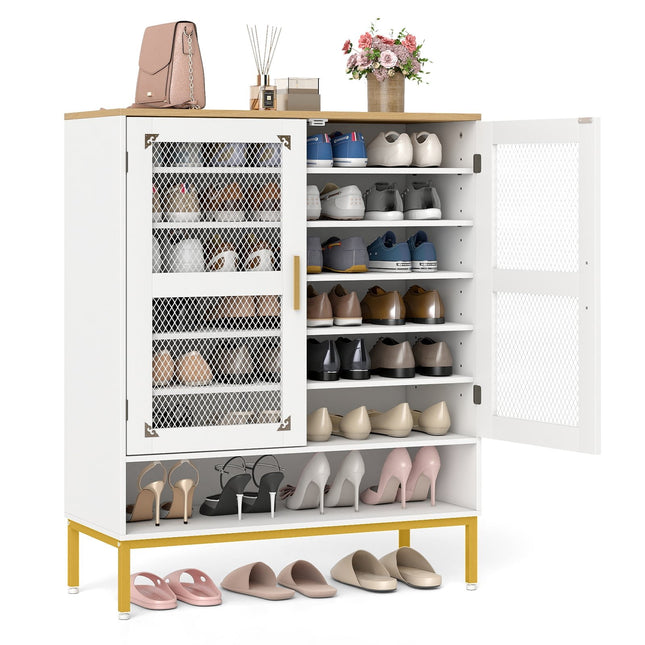 White Wooden Shoe Cabinet with Adjustable Shelves & Mesh Doors