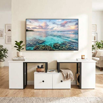 White Wooden TV Cabinet with Drawers and Open Compartments