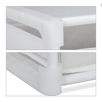 White multi-level shelf with 6 compartments