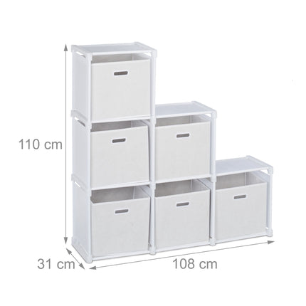 White multi-level shelf with 6 compartments