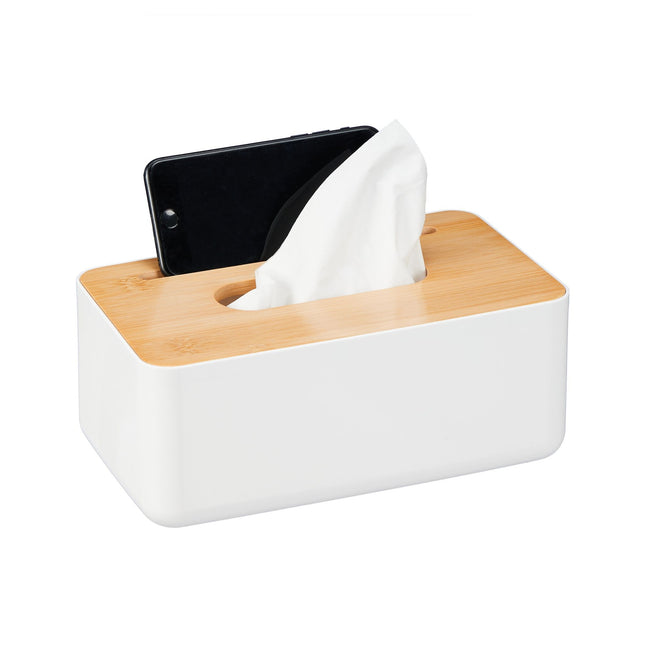 Weiße Taschentuchbox mit Bambusdeckel
