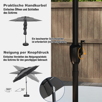 Slunečník odolný proti větru, 300 cm, klika a náklon, šedý
