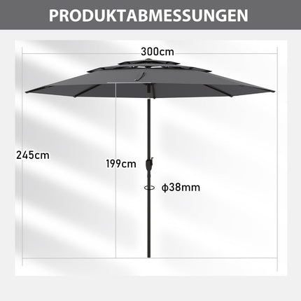 Slunečník odolný proti větru, 300 cm, klika a náklon, šedý
