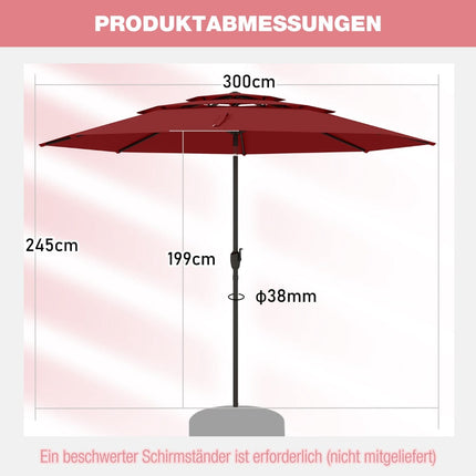 Slunečník odolný proti větru, 300 cm, náklon a klika, červený