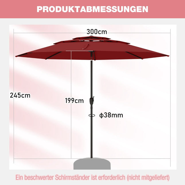 Slunečník odolný proti větru, 300 cm, náklon a klika, červený