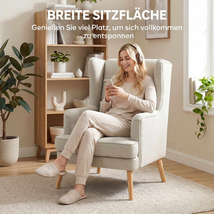 Wingback Accent Chair, Linen-Look Beige, Lumbar Pillow