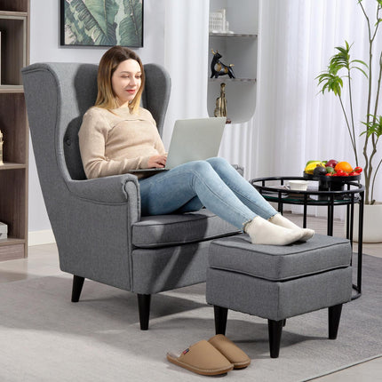 Wingback Chair with Ottoman, Gray Fabric, Rubberwood Legs