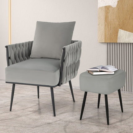 Ušácké křeslo s taburetem, měkký polštář, pletené opěradlo, hloubka sedu 58 cm, šedé