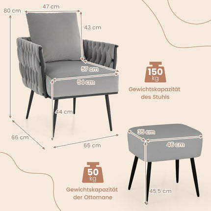Ušácké křeslo s taburetem, měkký polštář, pletené opěradlo, hloubka sedu 58 cm, šedé
