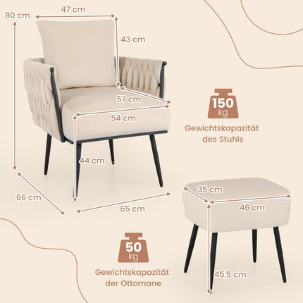 Ušácké křeslo s taburetem, měkký polštář, pletené opěradlo, hloubka sedu 58 cm, bílé