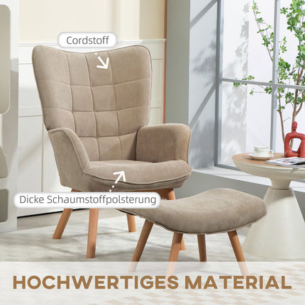 Brown corduroy Wing Chair & Stool Set - Relaxing lounge seating