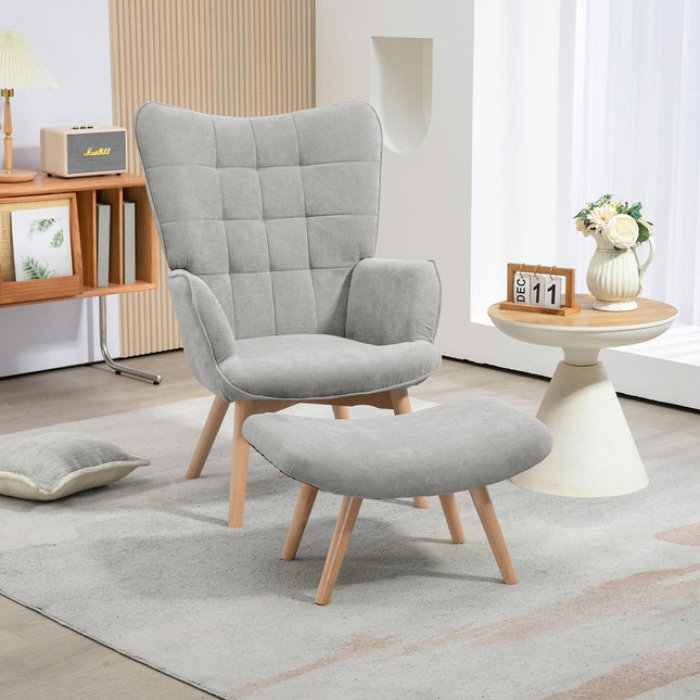 Gray Corduroy Wing Chair with Ottoman - Relaxation armchair