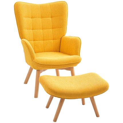 Orange corduroy wing chair with stool, wooden legs