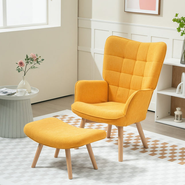 Vleugelstoel met kruk, relaxstoel, gestoffeerde stoel in corduroy-look, loungestoel, fauteuil met houten poten, tv-stoel voor woonkamer, oranje