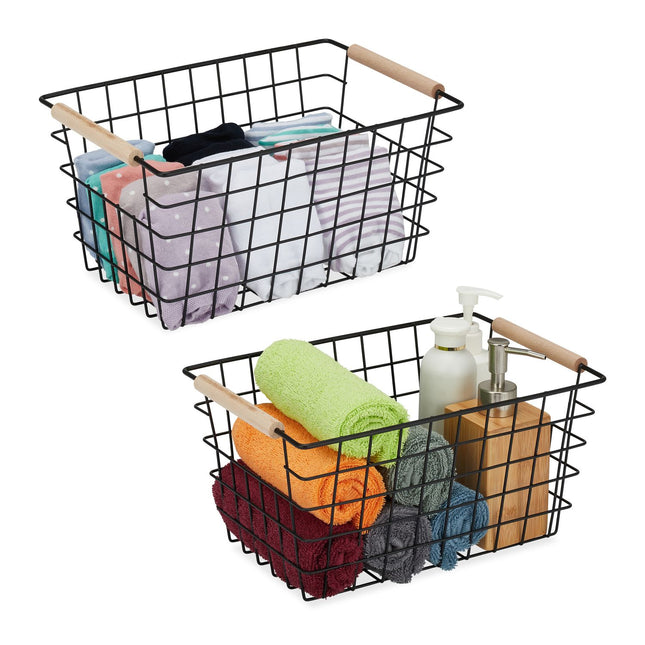 Wire Storage Baskets, Set of 2 with Wooden Handles