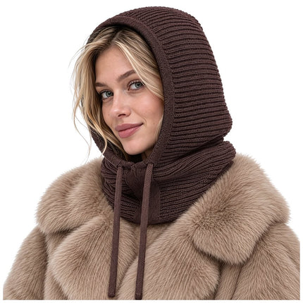 Women's 3-in-1 Balaclava Hood with 30% Wool, Ribbed Knit, Brown