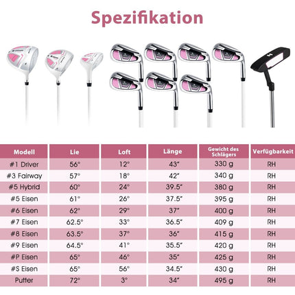 Dámská golfová sada 11 ks, pro praváky s pláštěnkou, růžová