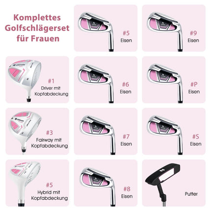 Dámská golfová sada 11 ks, pro praváky s pláštěnkou, růžová
