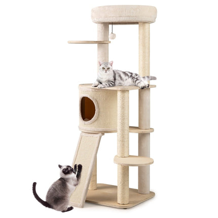 Dřevěný kočičí strom se sisalovými sloupky, domek, žebřík – 143 cm