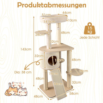Dřevěný kočičí strom se sisalovými sloupky, domek, žebřík – 143 cm