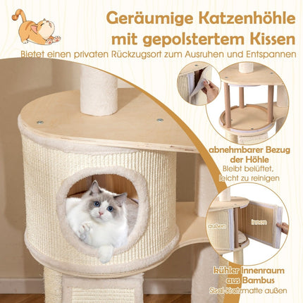 Dřevěný kočičí strom se sisalovými sloupky, domek, žebřík – 143 cm