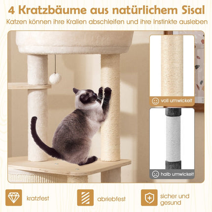 Dřevěný kočičí strom se sisalovými sloupky, domek, žebřík – 143 cm