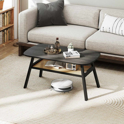 Wood Coffee Table with Rattan Shelf, 2-Tier, 100x55x44.5 cm