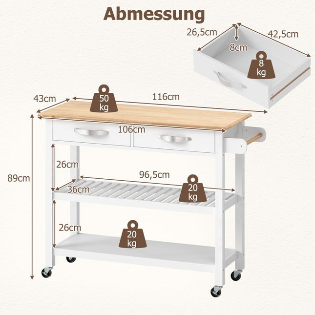 Wood Kitchen Cart with Countertop, 2 Drawers & Shelves