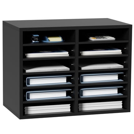 Wood Literature Organizer, 12 Compartments, Removable Shelves
