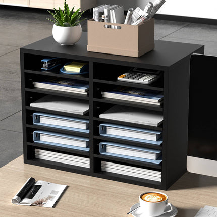 Wood Literature Organizer, 12 Compartments, Removable Shelves
