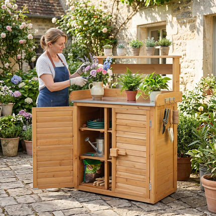 Wood Plant Workstation with Stainless Steel Top, Shelves