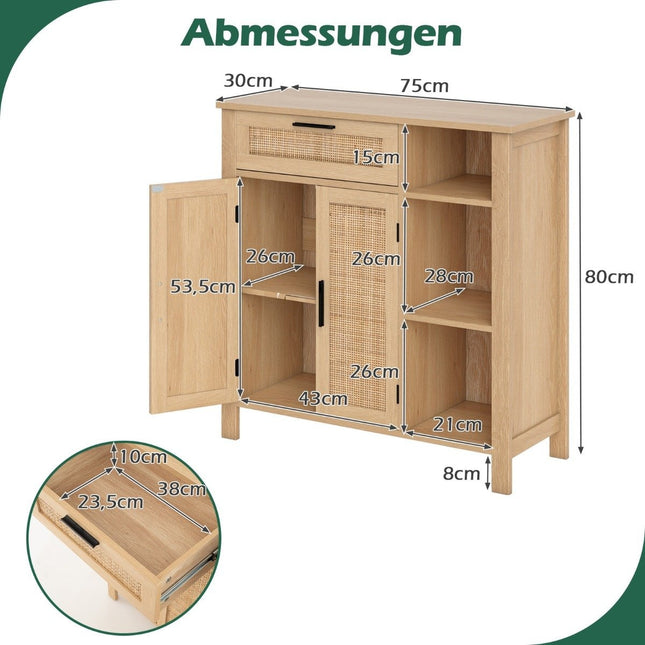 Sideboard aus Holz mit Rattantüren und -schubladen, verstellbare Einlegeböden