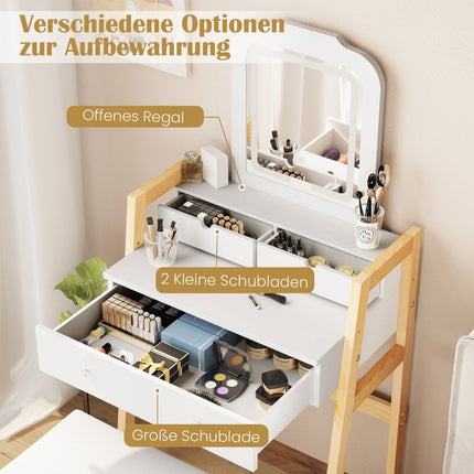 Wood Vanity Table with Mirror, Stool & 3 Drawers, White