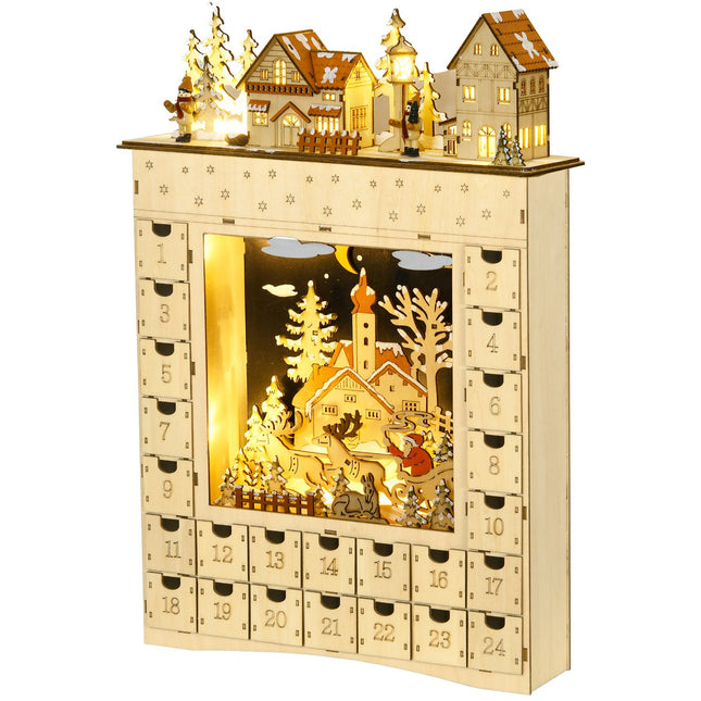 Dřevěný adventní kalendář s LED světly, odpočet 24 dní
