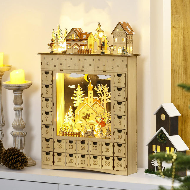 Dřevěný adventní kalendář s LED světly, odpočet 24 dní