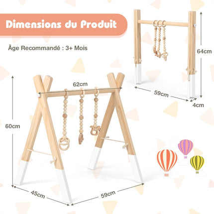 Wooden Baby Gym, Foldable Play Frame with 3 Hanging Toys